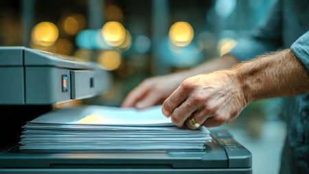 Office Worker Handling Documents at Printer in Modern Workspace.の素材