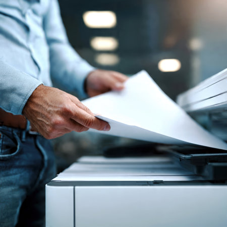 Office Worker Handling Documents at Printer in Modern Workspace.の素材