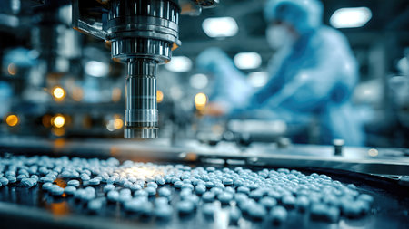 Pharmaceutical worker produces tablets on production line.の素材