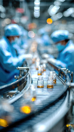 Pharmaceutical worker produces tablets on production line.の素材