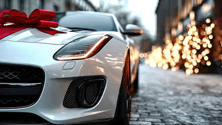 Luxury car with red gift bow outdoors, holiday celebration concept.の素材
