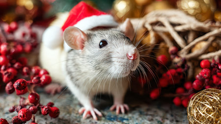 Cute Rat Wearing Santa Hat with Christmas Decorations.の素材