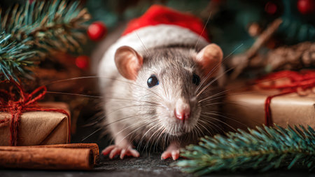 Cute Rat Wearing Santa Hat with Christmas Decorations.の素材