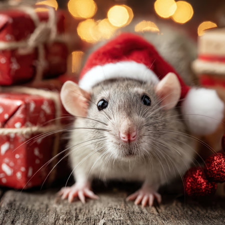 Cute Rat Wearing Santa Hat with Christmas Decorations.の素材