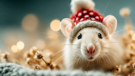 Cute Rat Wearing Santa Hat with Christmas Decorations.の素材