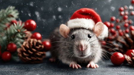 Cute Rat Wearing Santa Hat with Christmas Decorations.の素材