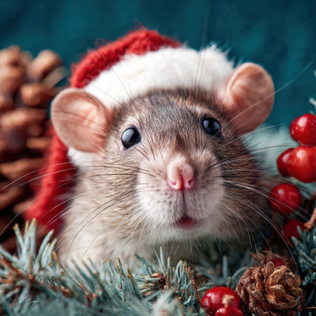 Cute Rat Wearing Santa Hat with Christmas Decorations.の素材