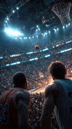 Center-court basketball moment with players focused on scoreboard and game action.の素材