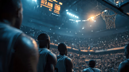 Center-court basketball moment with players focused on scoreboard and game action.の素材