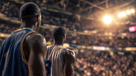 Center-court basketball moment with players focused on scoreboard and game action.の素材