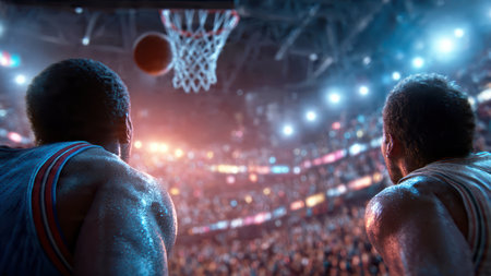 Center-court basketball moment with players focused on scoreboard and game action.の素材