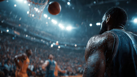 Center-court basketball moment with players focused on scoreboard and game action.の素材