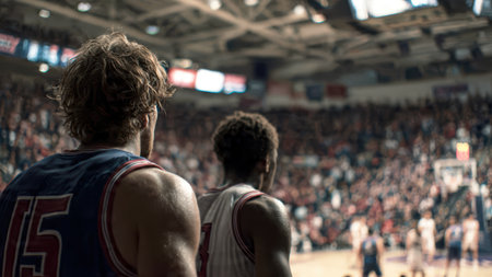 Center-court basketball moment with players focused on scoreboard and game action.の素材