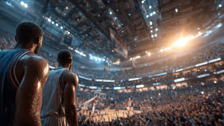 Center-court basketball moment with players focused on scoreboard and game action.の素材