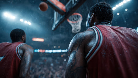 Center-court basketball moment with players focused on scoreboard and game action.の素材