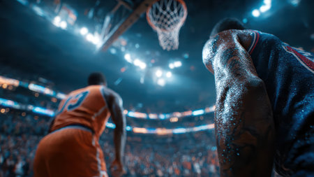 Center-court basketball moment with players focused on scoreboard and game action.の素材