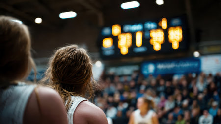 Center-court basketball moment with players focused on scoreboard and game action.の素材