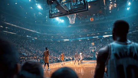 Center-court basketball moment with players focused on scoreboard and game action.の素材