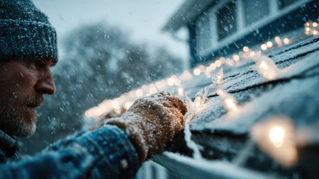 Worker Hanging Holiday Lights on Snowy Roof.の素材