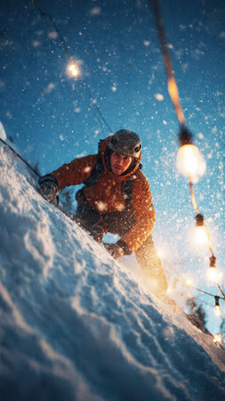 Worker Hanging Holiday Lights on Snowy Roof.の素材