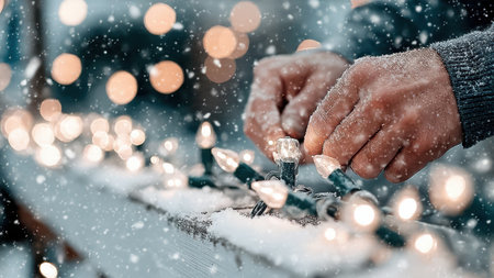 Worker Hanging Holiday Lights on Snowy Roof.の素材