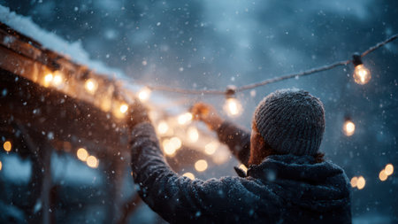 Worker Hanging Holiday Lights on Snowy Roof.の素材