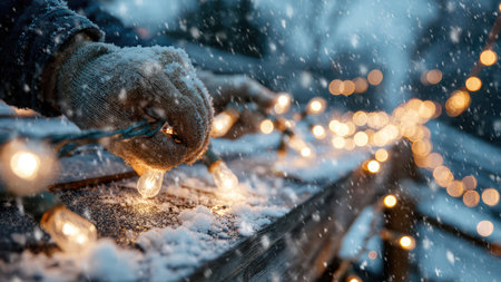Worker Hanging Holiday Lights on Snowy Roof.の素材