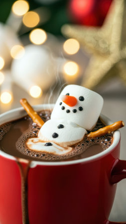 Cute marshmallow snowman in hot chocolate, a cozy Christmas winter drink.の素材