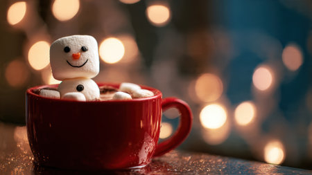 Cute marshmallow snowman in hot chocolate, a cozy Christmas winter drink.の素材