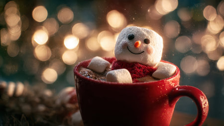 Cute marshmallow snowman in hot chocolate, a cozy Christmas winter drink.の素材