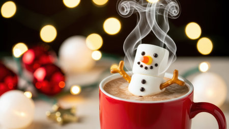 Cute marshmallow snowman in hot chocolate, a cozy Christmas winter drink.の素材