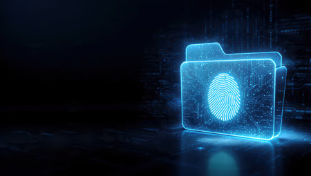 Futuristic digital folder with a glowing fingerprint icon symbolizing cybersecurity and identity protection.の素材