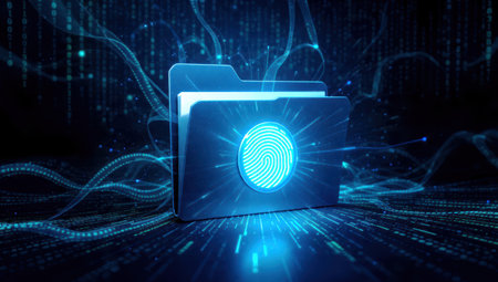 Futuristic digital folder with a glowing fingerprint icon symbolizing cybersecurity and identity protection.の素材