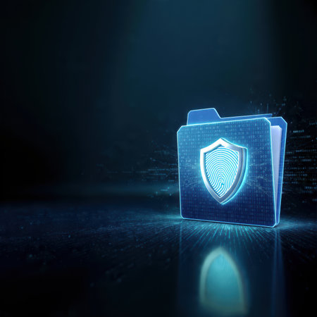 Futuristic digital folder with a glowing fingerprint icon symbolizing cybersecurity and identity protection.の素材