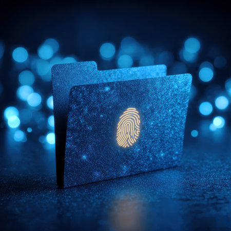 Futuristic digital folder with a glowing fingerprint icon symbolizing cybersecurity and identity protection.の素材