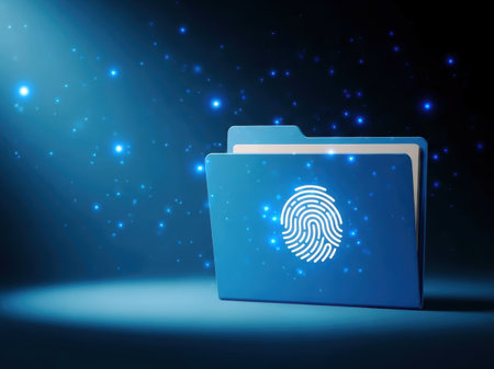 Futuristic digital folder with a glowing fingerprint icon symbolizing cybersecurity and identity protection.の素材