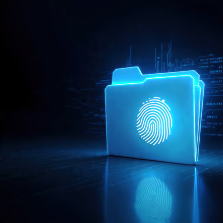 Futuristic digital folder with a glowing fingerprint icon symbolizing cybersecurity and identity protection.の素材