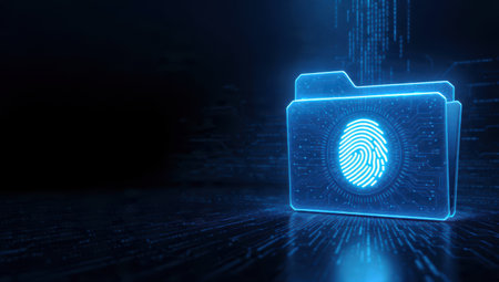 Futuristic digital folder with a glowing fingerprint icon symbolizing cybersecurity and identity protection.の素材