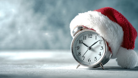 Christmas countdown concept with alarm clock wearing Santa hat on holiday background.の素材