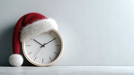 Christmas countdown concept with alarm clock wearing Santa hat on holiday background.の素材
