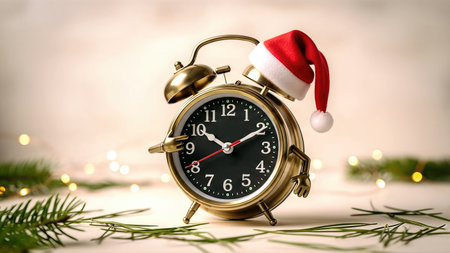 Christmas countdown concept with alarm clock wearing Santa hat on holiday background.の素材
