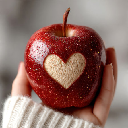 A red apple with a heart cut out in the hands, a symbol of health and love.の素材