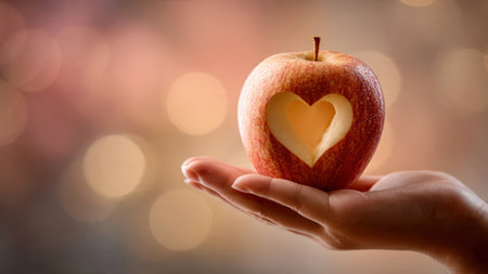 A red apple with a heart cut out in the hands, a symbol of health and love.の素材
