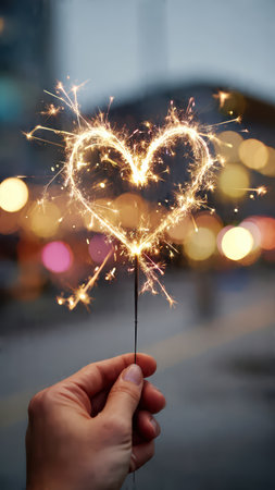 Heart shaped sparklers with sparkling holiday lights bokeh background.の素材
