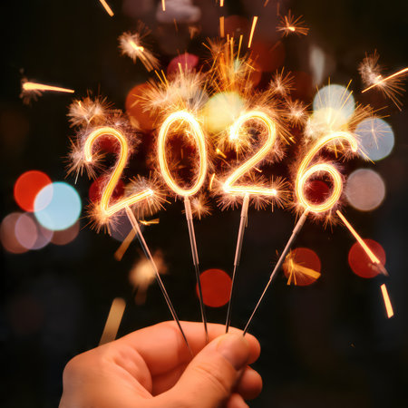 Sparkling 2026 sparklers in hand on festive bokeh background.の素材