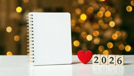Blank calendar with wooden 2026 blocks and red heart on table.の素材