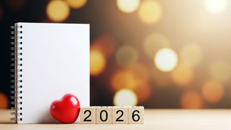 Blank calendar with wooden 2026 blocks and red heart on table.の素材