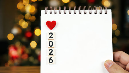 Blank calendar with wooden 2026 blocks and red heart on table.の素材