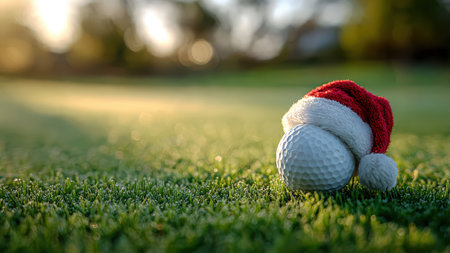 Festive golf concept featuring a golf ball wearing a Santa hat.の素材