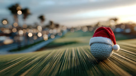 Festive golf concept featuring a golf ball wearing a Santa hat.の素材